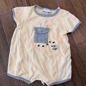 Vintage Buster Brown Baby Romper, Yellow Bunny Gingham Trim Easter 3-6M